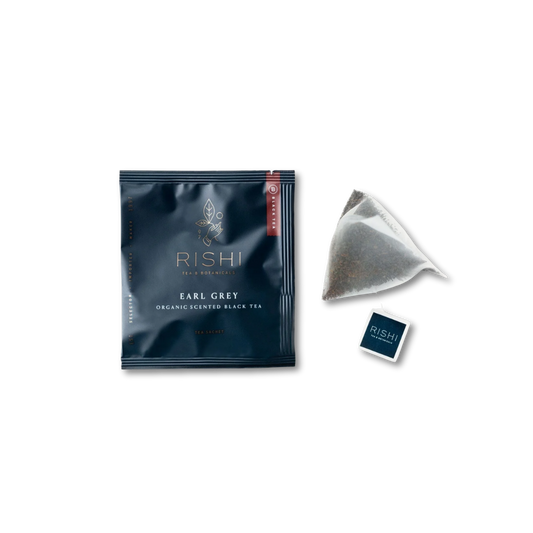 Rishi Earl Grey tea package and tea bag