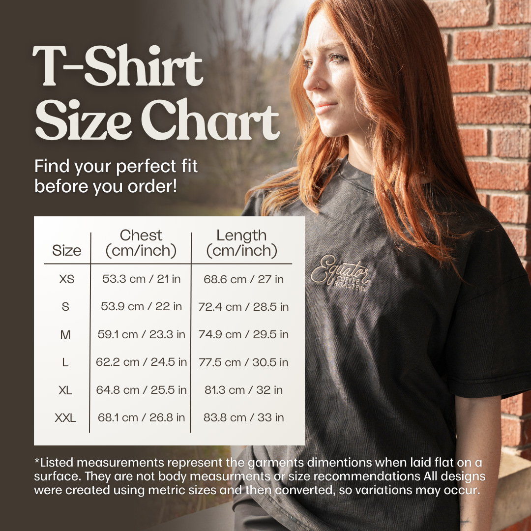 Size chart over a picture of a lady in an Equator Coffee Roasters embroidered t-shirt