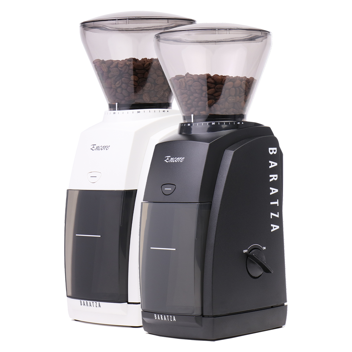 Two Baratza Encore coffee grinders in white and black.