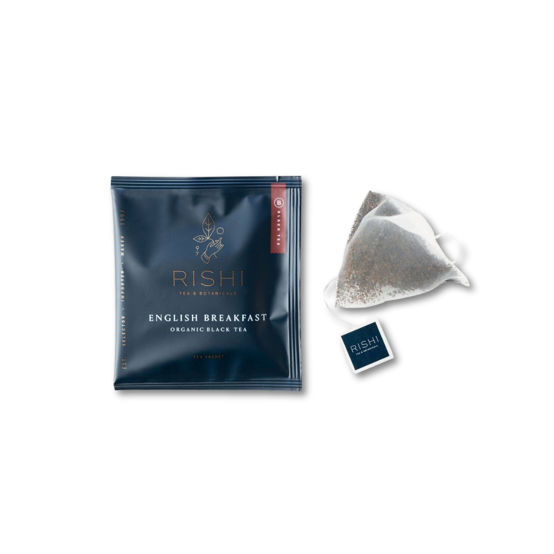 Rishi English Breakfast organic black tea package and tea bag