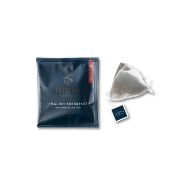 Rishi English Breakfast organic black tea package and tea bag