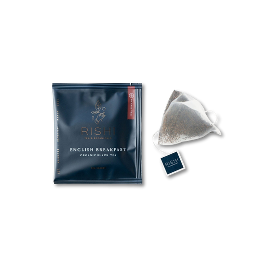 Rishi English Breakfast organic black tea package and tea bag