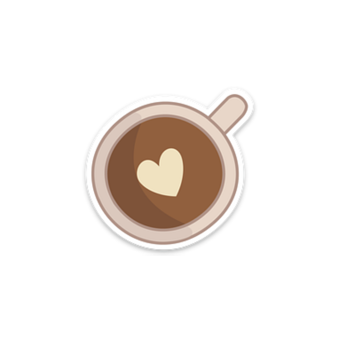 Sticker of a coffee mug with a latte heart.