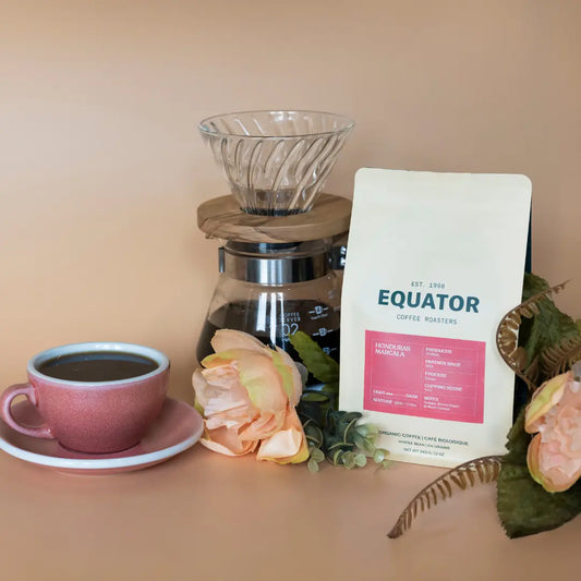 A bag of Equator Coffee Roasters Honduras Marcala single origin coffee stands next to a pink ceramic cup and saucer, a glass pour-over coffee maker, and decorative flowers on a warm beige background.