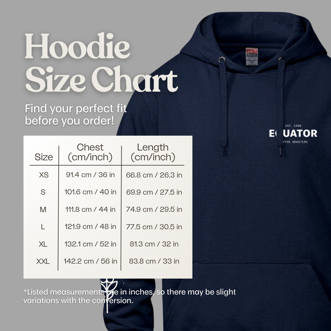Navy hoodie with size chart overlay.
