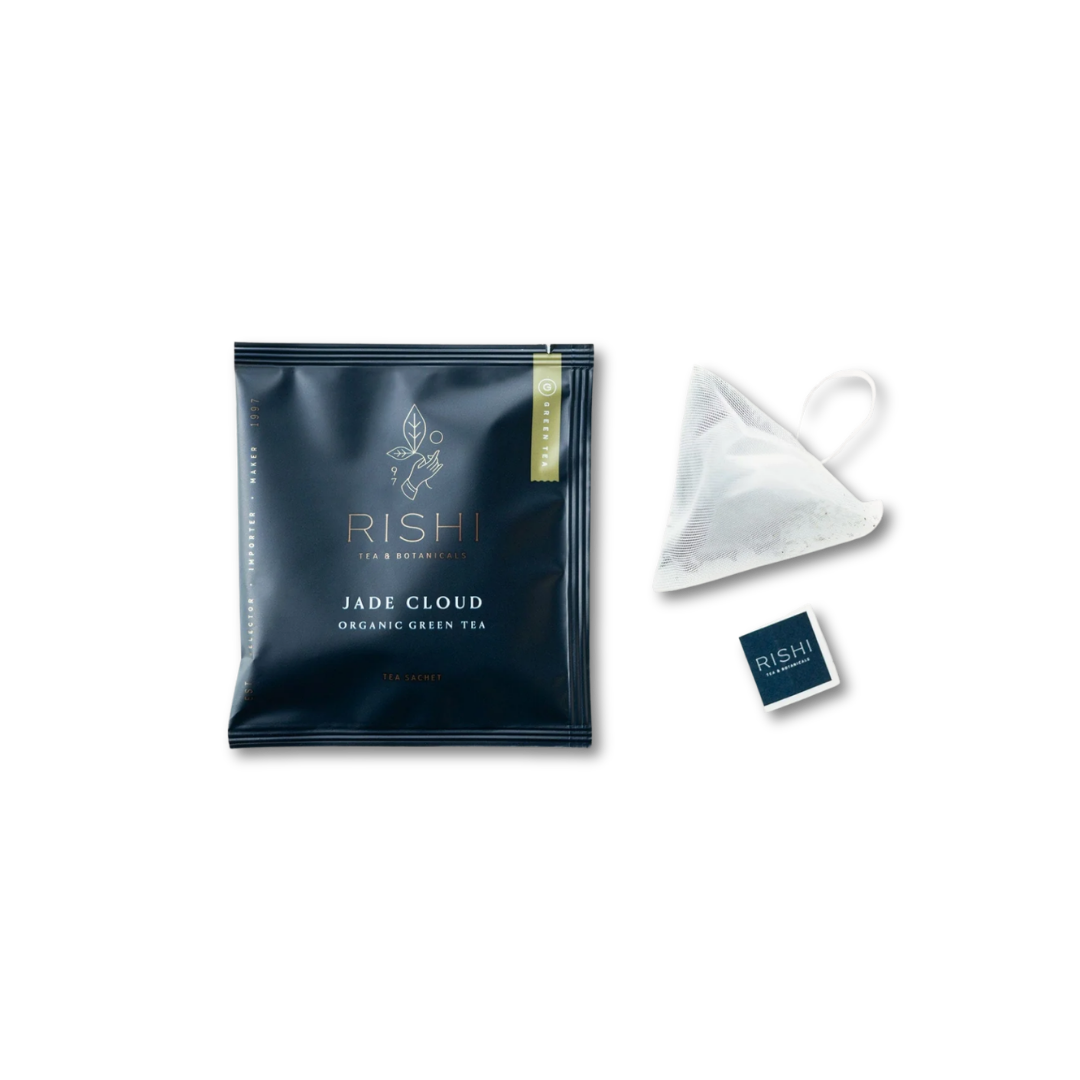 Rishi Jade Cloud tea package and triangle tea bag
