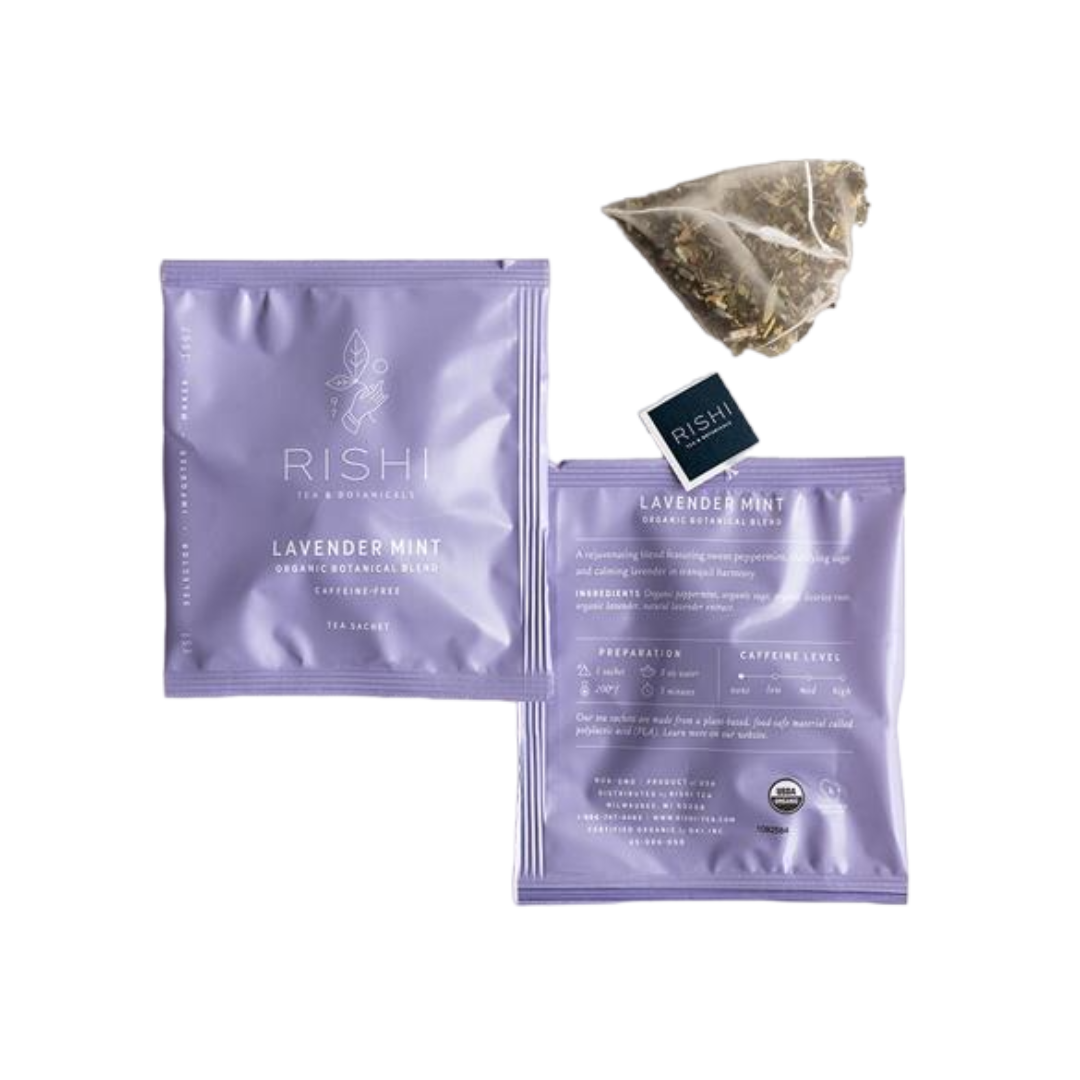 Organic lavender mint tea packages and tea bag.