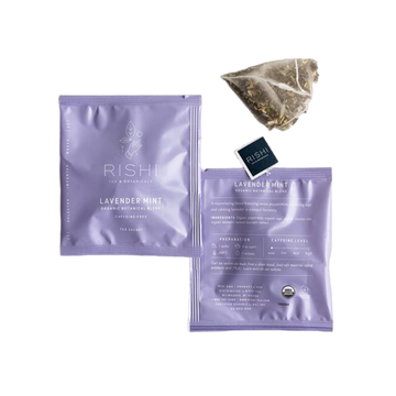 Organic lavender mint tea packages and tea bag.