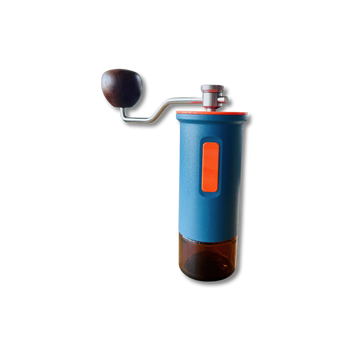 Blue and orange manual coffee grinder on a white background
