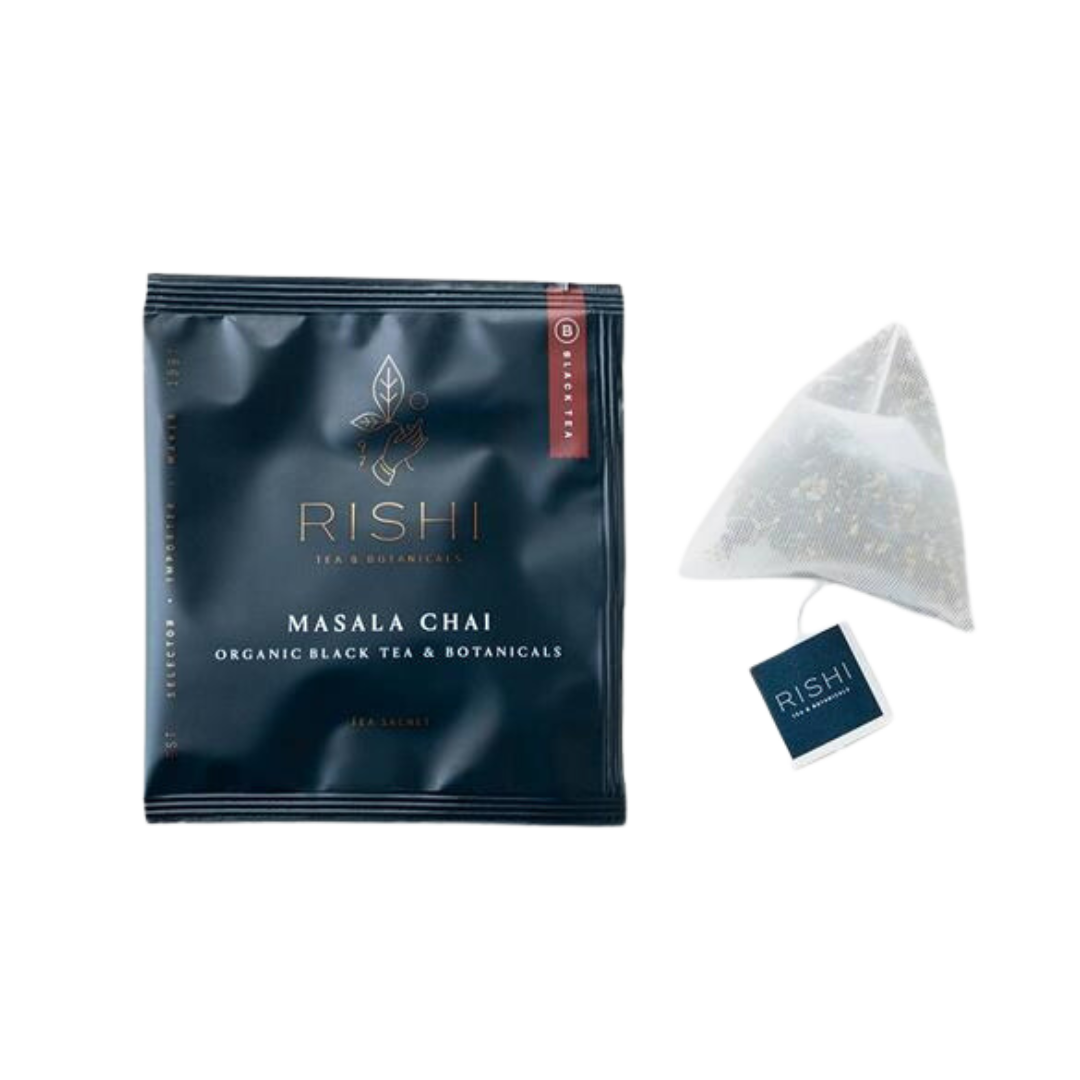 Package and tea bag of Rishi Masala Chai tea.