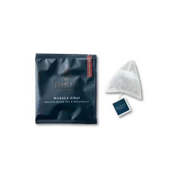 Rishi Masala Chai tea package and triangle tea bag