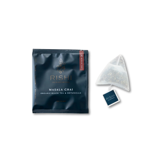 Rishi Masala Chai tea package and triangle tea bag