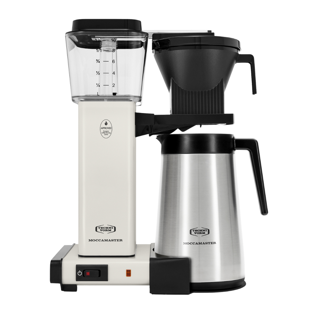 The off white Moccamaster KGBT coffee maker.