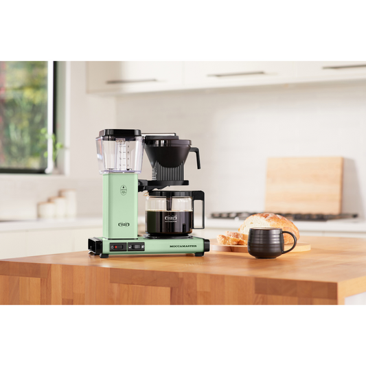 Pistachio coloured Moccamaster KBGV coffee maker on a kitchen counter