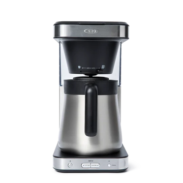 Front view of an Oxo 8 cup coffee maker.