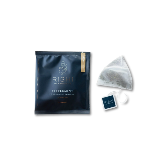 Rishi Tea Peppermint tea package and tea bag