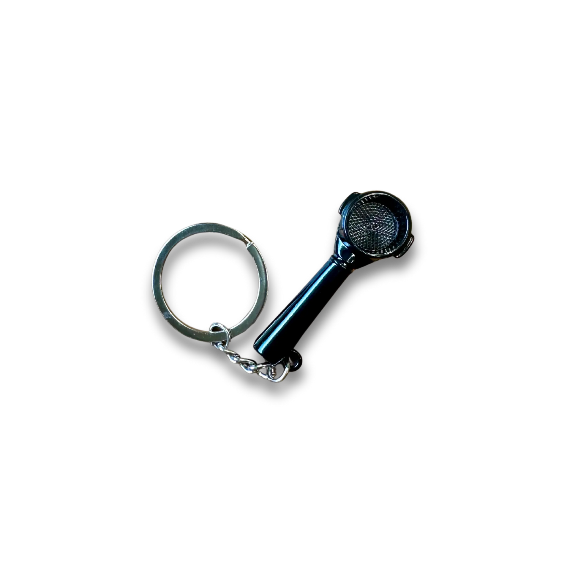 A novelty keychain with a replica portafilter.