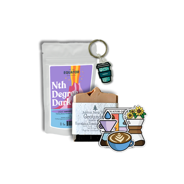 Package of coffee, bar of soap a keychain and a group of 4 stickers.