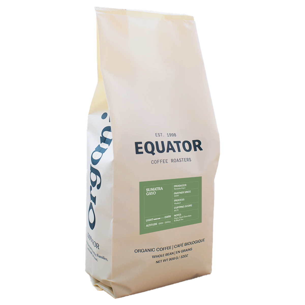 A 908g bag of Sumatra Gayo single origin coffee.