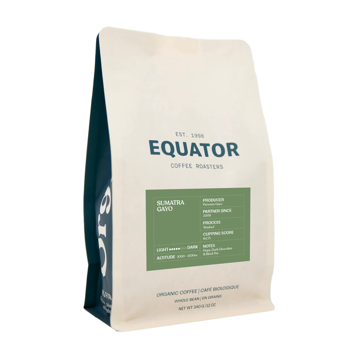 A 340g bag of Equator Coffee Roasters Sumatra Gayo organic coffee, featuring a cream-colored bag with a dark teal side panel and a green label block.