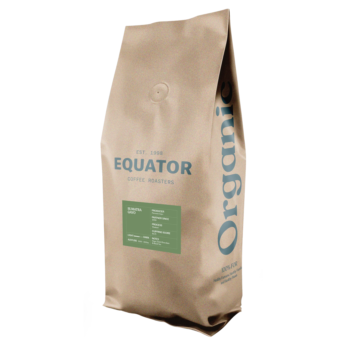 A 5lb bag of organic, fair trade coffee from Sumatra Gayo in a brown kraft paper bag.
