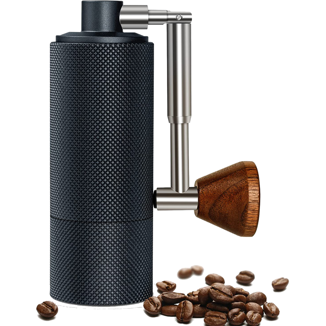 Hand grinder with coffee beans.