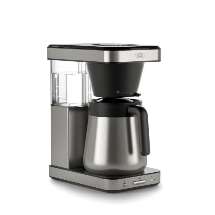 Side angle view of an Oxo coffee maker with an 8-cup thermal carafe.