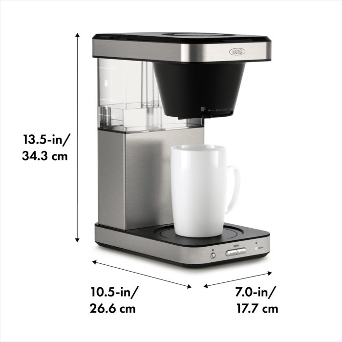 Dimensions are shown of the Oxo Coffee Maker.