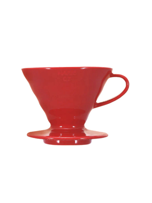 Red ceramic V60-02 coffee dripper from Hario.