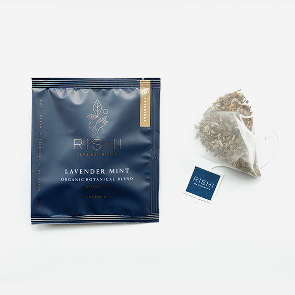 Organic Lavender Mint tea package and tea bag from Rishi Tea.