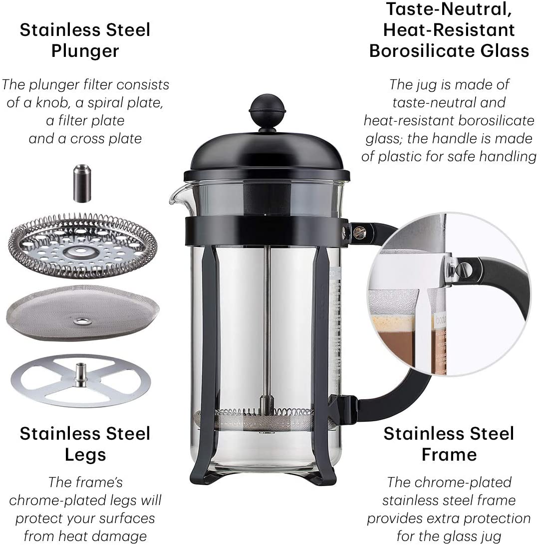 Bodum 3-cup French Press with descriptions of the stainless steel plunger, legs and frame, as well as the heat-resistant borosilicate glass.