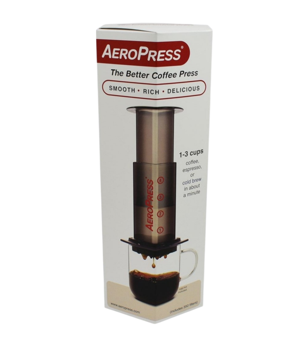 Aeropress Coffee Maker in the retail box.