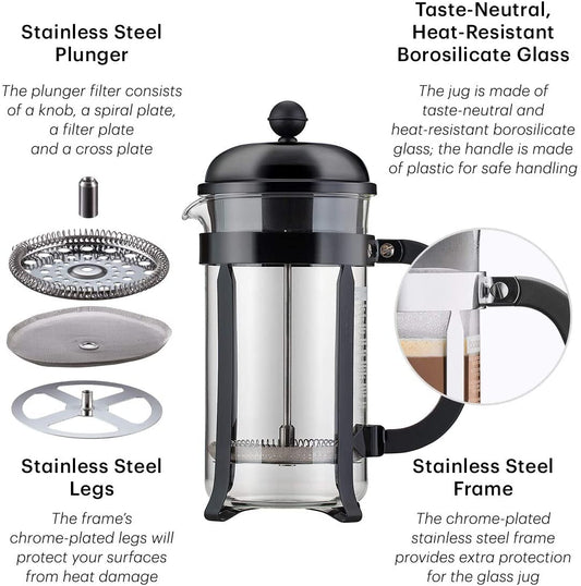 Parts description of the Bodum Chambord French press. Showing information about the heat-resistant borosilicate glass and the stainless steel plunger, legs and frame.