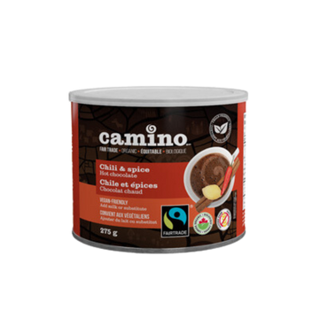 Tin of fair trade, organic Chili and Spice hot chocolate from Camino.
