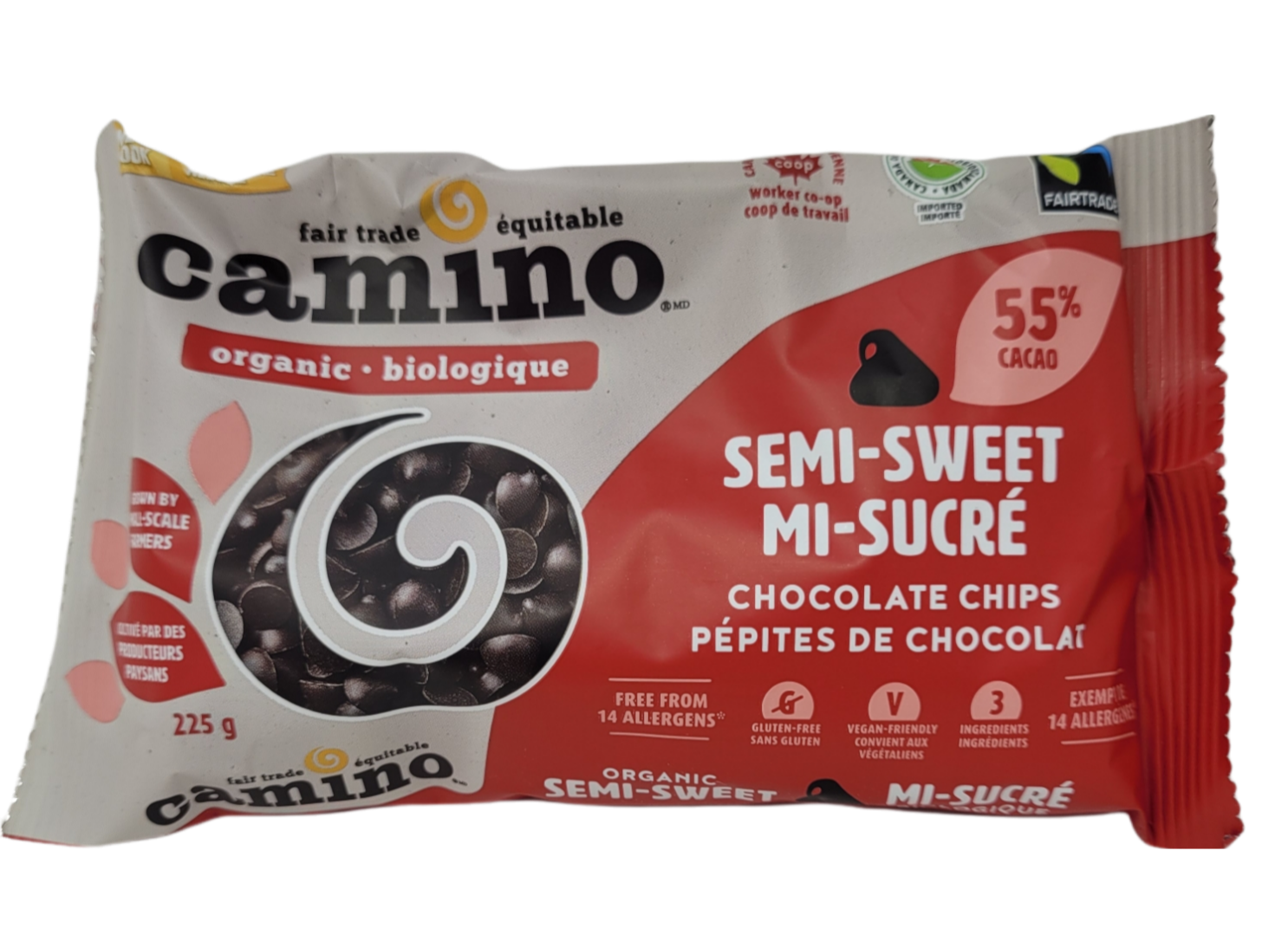 225g bag of semi-sweet chocolate chips that are organic and fair trade.
