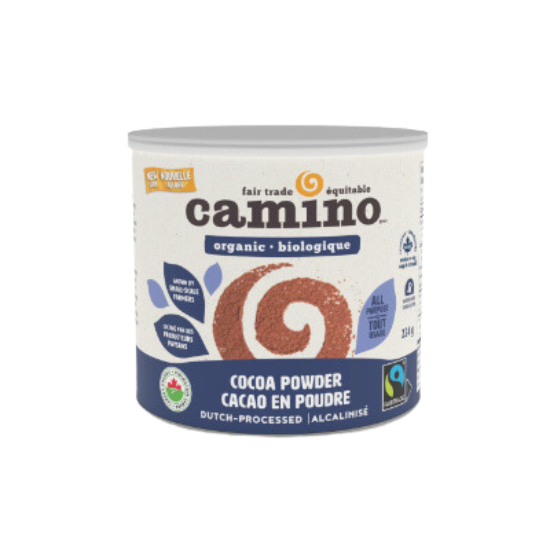 Camino fair trade, organic Dutch-processed cocoa powder in a tin.