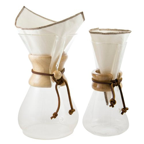 Showing the CoffeeSock in two different sizes of Chemex pour overs.