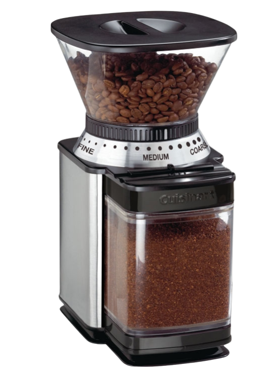Coffee beans and grounds in a Cusinart Burr Grinder
