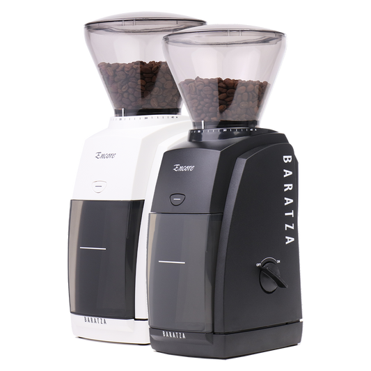 Two Baratza Encore coffee grinders in white and black.