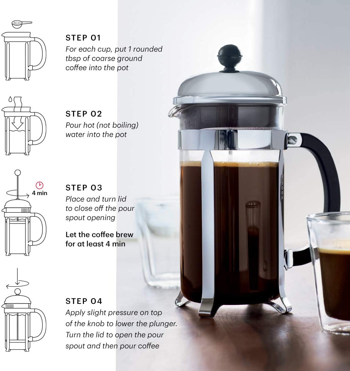 Describing the four steps to brew coffee with the Bodum French Press.