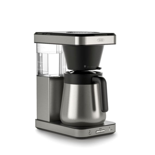 Side angle view of an Oxo coffee maker with an 8-cup thermal carafe.