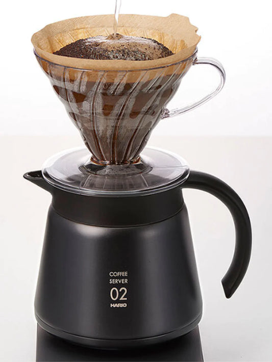 Showing a V60-02 dripper (not included) on a Hario black stainless steel server.