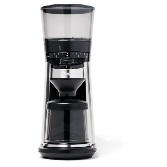 Oxo Conical Burr Grinder with Integrated scale front view.